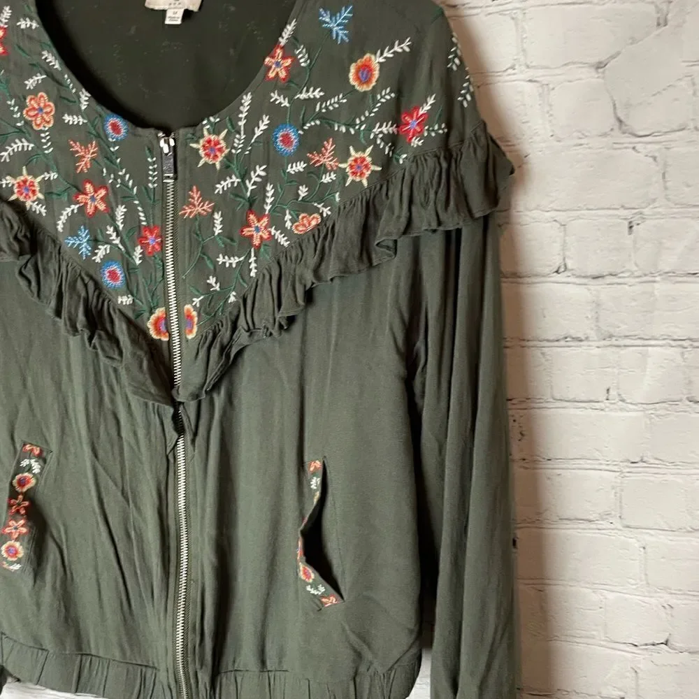 UMGEE Ruffled Zipper Front Jacket with Floral Embroidered Detail Medium - Picture 4 of 16